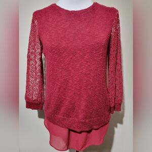 Lucky Brand Women's Red Linen Blend Lined Lace 3/4 Sleeve Sweater - Size Small